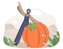 A Happy Male Farmer In Work Clothes Shows Everyone A Giant Pumpkin Against The Background Of A Field. The Farmer Shows Off A Great Harvest, A Giant Vegetable Competition, Farm Health Food Fairs And Fe