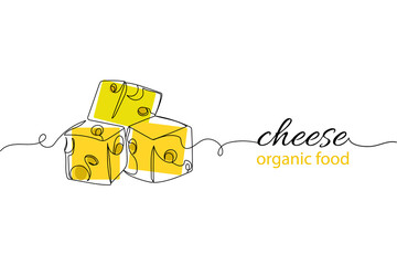 Wall Mural - Continuous one line of cheese cube slice organic food in silhouette on a white background. Linear stylized.Minimalist.