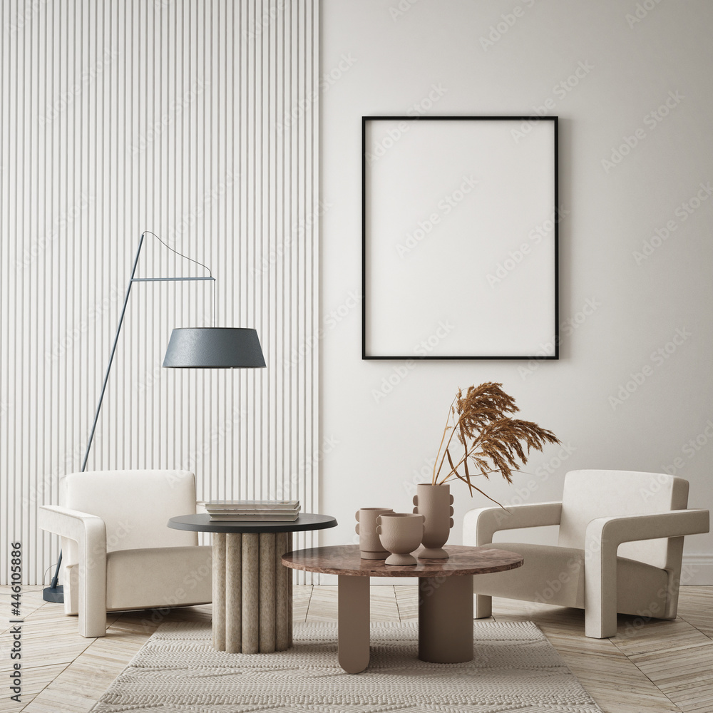 mock up poster frame in modern interior background, living room, minimalistic style, 3D render, 3D illustration - obrazy, fototapety, plakaty 