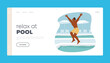 © Anna Syvak - Relax at Pool Landing Page Template. Young Man Relaxing at Poolside on Vacation, Happy Male Character Jumping to Water