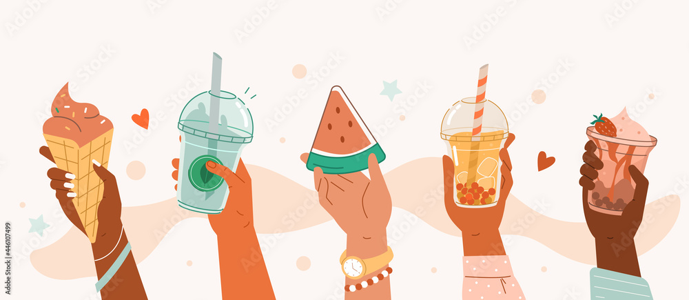 
Hand holding different summer sweets and drinks. Bubble tea and smoothie soft drinks, watermelon, ice cream.  Yummy summer food and beverage collection. Flat cartoon vector illustration.
 - obrazy, fototapety, plakaty 