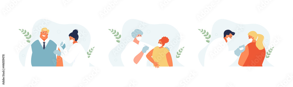 Vaccination of children, adults and the elderly. Prevention of infectious diseases and immunization of the population. Vector illustration set - obrazy, fototapety, plakaty 