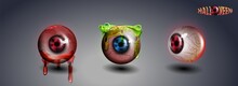 Happy Halloween Eye. Red Eye. Scary Bloody Realistic Eyeballs. Spooky Human Eyeball With Grunge Blood Splatter. Vector