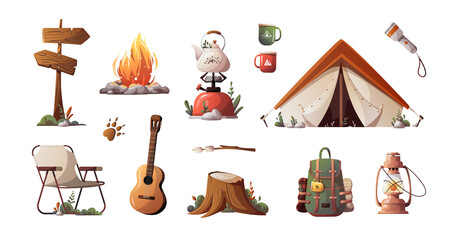 Wall Mural - tent, campfire, backpack, guitar, lamp, gas-burner, stump, signboard. set of elements for camping, t
