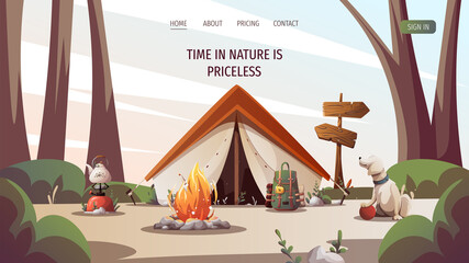 Wall Mural - campsite with tent, campfire, backpack, gas-burner, dog in the forest. camping, traveling, trip, hik
