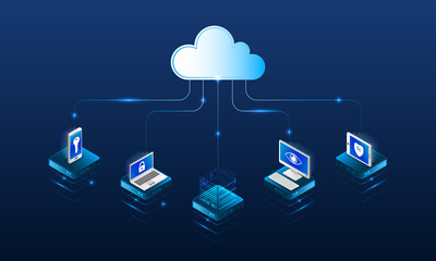 Abstract datacenter, network system. Web hosting vector banner. Isometric Cloud computing, media server. 3d Futuristic Hosting server