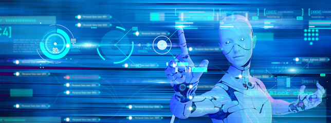 android robot finger press button, computer data cyberspace background, futuristic world power of fu