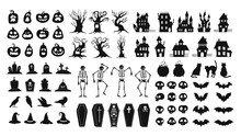 Horror Silhouettes. Scary Halloween Decor Skulls And Skeletons, Witch Hats, Black Cats, Crows And Graveyard Coffins. Spooky House Vector Set