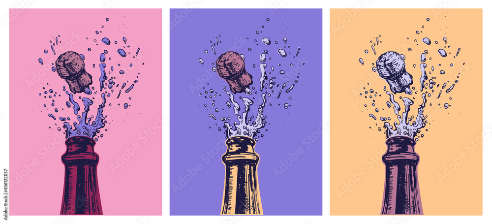 Hand drawn Illustration of Champagne explosion. Hand drawn Illustration of Champagne explosion. Vector Illustration. Pop Art. Modern art - obrazy, fototapety, plakaty 