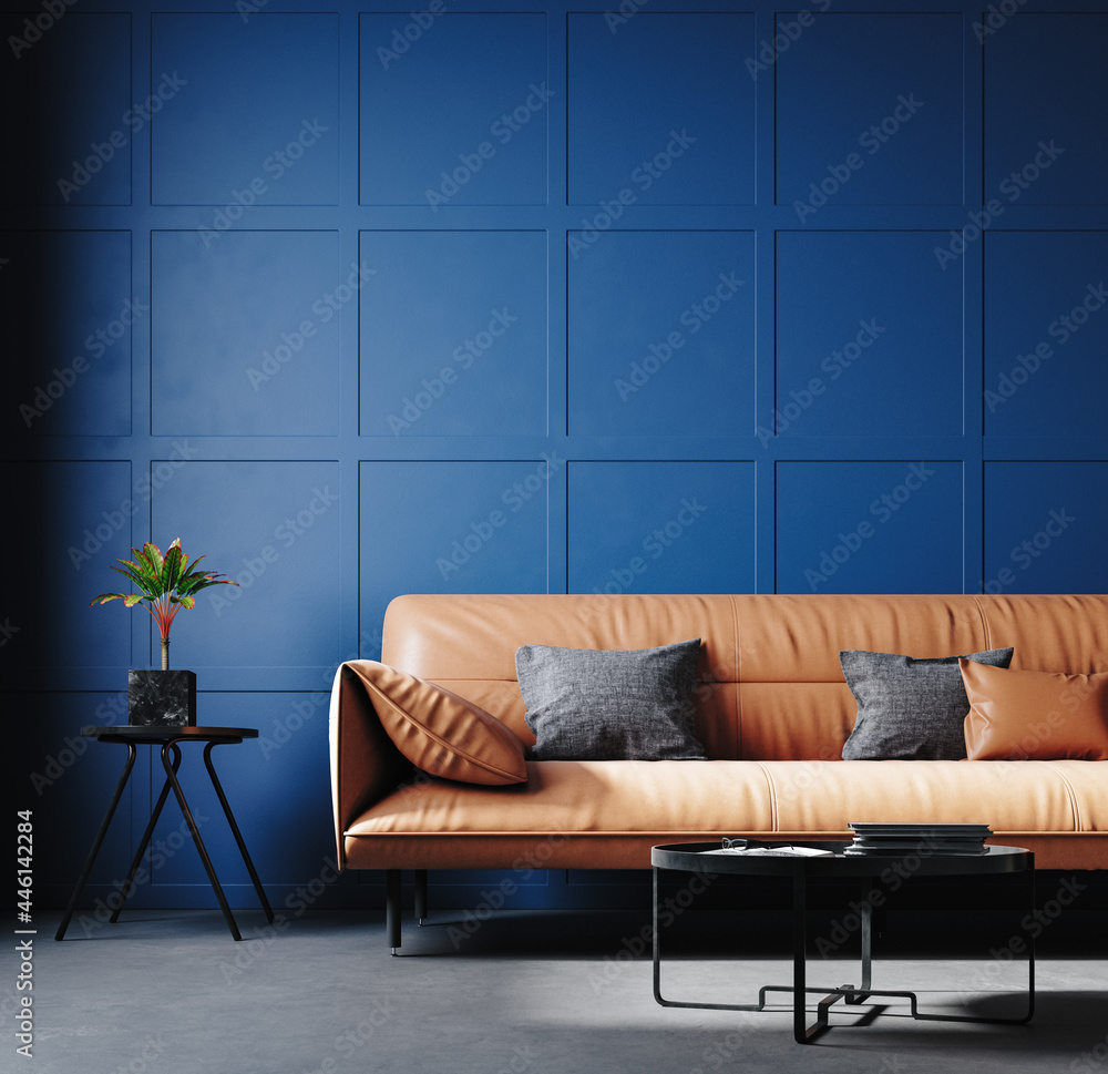 Dark blue home interior with leather sofa, 3d render - obrazy, fototapety, plakaty 