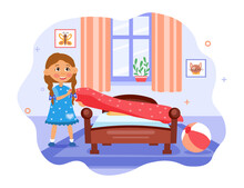 Kids Doing Housework Concept. A Little Cheerful Girl Makes Her Bed After Sleeping. Tidying Up His Room. An Obedient Child. Cartoon Modern Flat Vector Illustration Isolated On A White Background