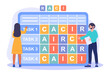RACI matrix concept. A man and a woman correctly distribute tasks in the table to get the maximum result in the business process. Cartoon is a flat vector illustration isolated on a white background