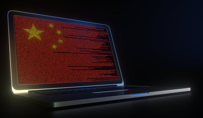 Flag of China made with computer code on the laptop screen. Hacking or cybersecurity related 3d rendering
