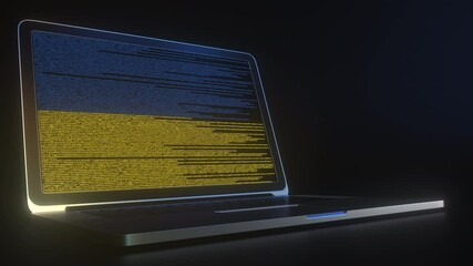 Laptop and source code on the screen composing flag of Ukraine. National information technology related 3d animation