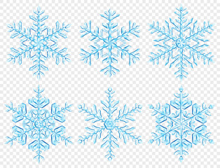 Wall Mural - set of big complex translucent christmas snowflakes in light blue colors, isolated on transparent ba