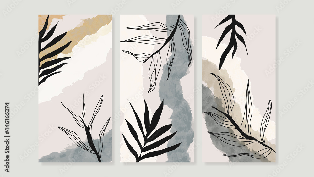Mid century modern triptych wall art vector. Abstract art background with floral leaves and flower line drawing  and watercolor organic shapes hand paint design for wall decor, poster and wallpaper. - obrazy, fototapety, plakaty 
