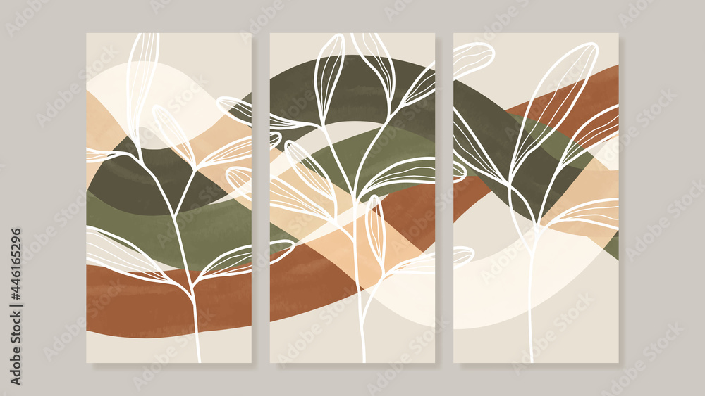 Mid century modern triptych wall art vector. Abstract art background with floral leaves and flower line drawing  and watercolor organic shapes hand paint design for wall decor, poster and wallpaper. - obrazy, fototapety, plakaty 
