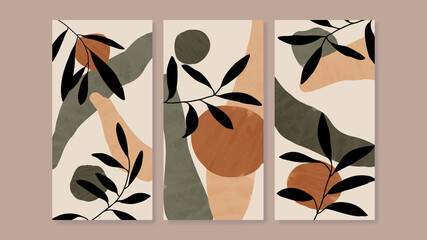 Mid century modern triptych wall art vector. Abstract art background with floral leaves and flower line drawing  and watercolor organic shapes hand paint design for wall decor, poster and wallpaper.