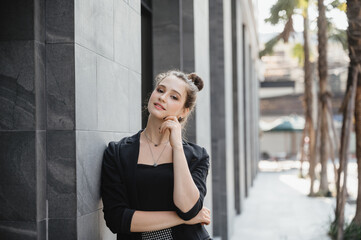 Wall Mural - portrait young manager business person woman, professional executive businesswoman smiling female, standing on outdoor corporate office to work, confident job occupation concept