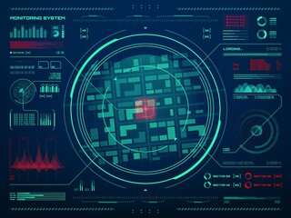 Poster - HUD security monitoring system technology. Secret service, police or army control center screen with target movement sensor data tracking interface, radar screen, neon map and information charts