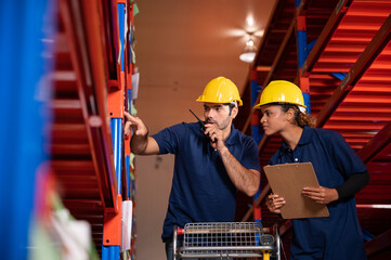 Wall Mural - worker person working in warehouse, logistic transportation shipping industry storage, box , pallet shelf, business distribution job working in store, storehouse and good stock factory concept