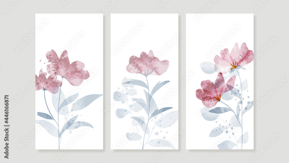 Flower watercolor art triptych wall art vector. Abstract art background with sweet orange and pink Floral Bouquets, Wildflower 
 and leaf  hand paint design for wall decor, poster and wallpaper. - obrazy, fototapety, plakaty 