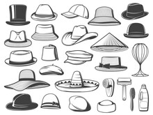 Men And Women Hats, Caps And Panamas. Vector Top Hat, Trilby And Sombrero, Homburg, Bucket And Cowboy, Asian, Fez And Boater, Basketball, Breton And Flat Cap, Fedora, Floppy And Cleaning Accessories