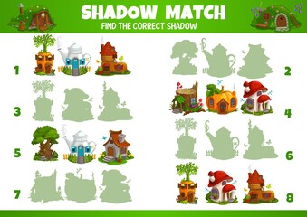 Poster - Kids game of vector fairytale houses and dwellings shadow matching. Education game, memory puzzle, logic riddle or maze with find correct shadow task, fairy houses in shape of boot, teapot, tree stump