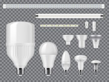 LED And Halogen Light Bulbs, Linear Lamps And Strips Mockup. Realistic Vector Modern Ligtbulbs With Diodes, Screw And Pin Type Bases, Heat Sinks And Matted Glass. High Efficient, Eco Illumination Tech