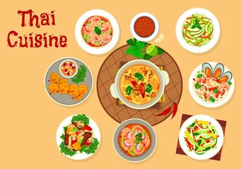 Wall Mural - Thai cuisine food vector design of Asian seafood and vegetable salads, soups and meat stew. Panang curry paste, shrimp, lemongrass, soybean sprout and mussel salads, battered prawns, beef and mushroom