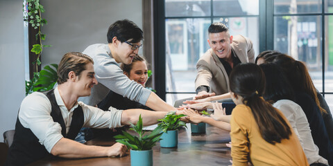 Wall Mural - professional business team partnership meeting together with partner for cooperation success, businessman with corporate teamwork group in company office, handshake for working job business concept