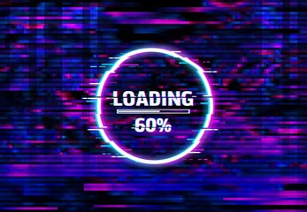 Fototapete - Digital distortion loading bar glitch screen, color lines and pixel noise. Computer program fail, internet connection loss and broadcast signal loss background with file download bar, noise pattern