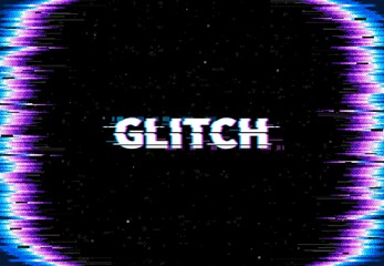 Leinwandbilder - Glitch screen background. Monitor error glitch effect, TV signal loss and broken display vector backdrop. Computer bug, video crash and connection problem wallpaper with pixel noise and distorted text