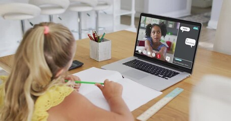 Poster - Schoolgirl using laptop for online lesson at home, with her colleague and web chat on screen