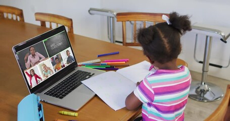 Wall Mural - Schoolgirl using laptop for online lesson at home, with diverse teacher and class on screen