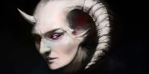 a pale female demon, she has a shining purple eye, two horns of different sizes and bone appendages