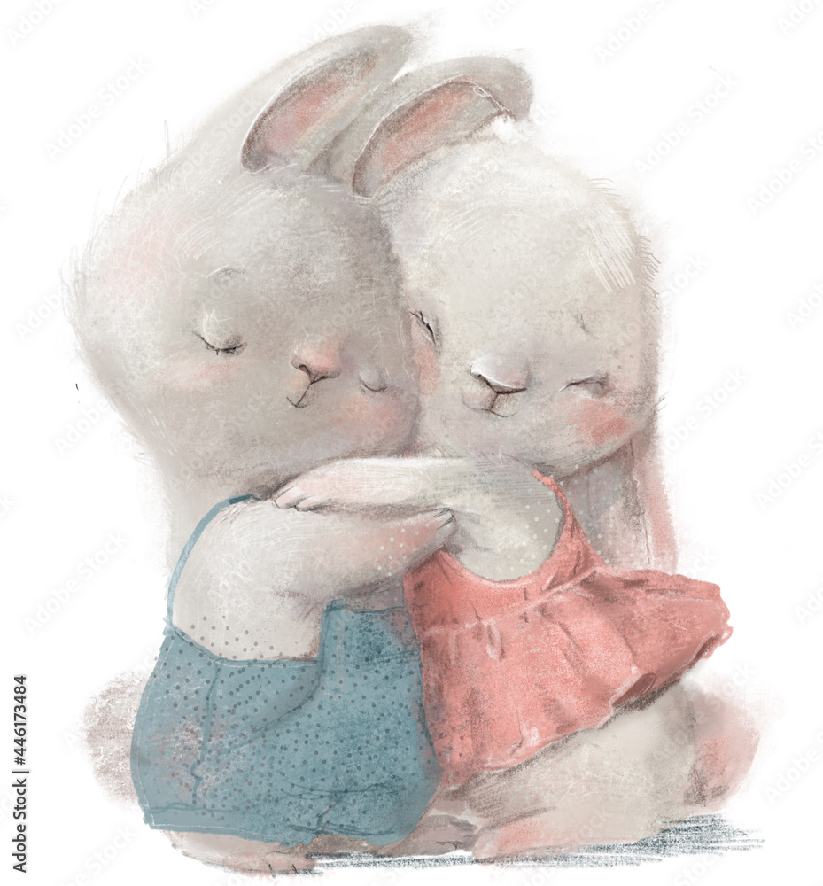 cute cartoon hares couple in wedding costumes - obrazy, fototapety, plakaty 