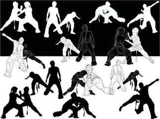 Wall Mural - hand-to-hand fighters set on black and white background