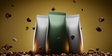 Coffee Bags With Flying Coffee Beans. Foil Pouch, Doypack With Splash Arabica Grains On Gold Background Mockup Banner. Blank Green And Silver Plastic Packaging For Ad Premium Realistic 3d Illustration