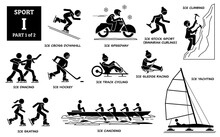 Sport Games Alphabet I Vector Icons Pictogram. Ice Cross Downhill, Speedway, Stock Sport, Bavarian Curling, Climbing, Dancing, Ice Hockey, Track Cycling, Sledge Racing, Skating, Canoeing, And Yachting