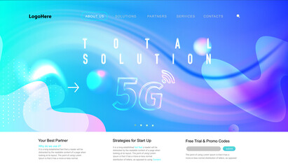 Vector 5G and IoT (Internet of Things) landing page with digital communication future technology images. Website template for internet speed concept or startup business.