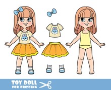 Cartoon Girl With Long Straight Hair In Underwear, Dressed And Clothes Separately - Beige T-shirt, Orange Skirt And Sandals Doll For Dressing