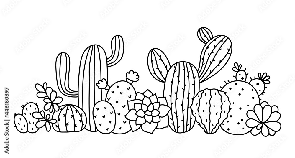 Cactus and succulent floral border clipart, Cactus composition isolated  items on white background, black and white line botanical decorative  element - vector illustration Stock-vektor | Adobe Stock