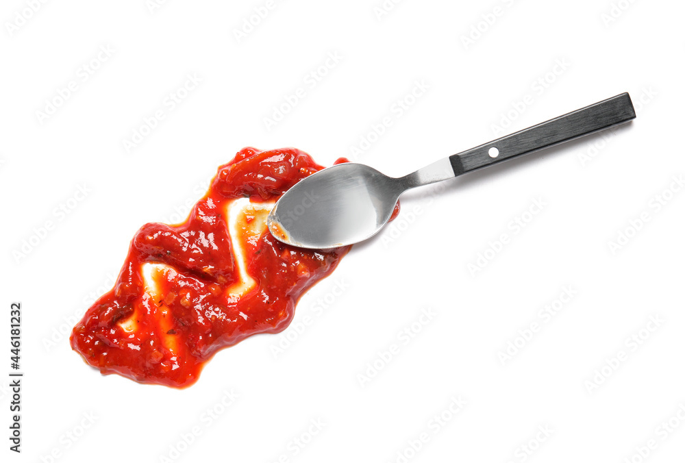 Spoon with tasty salsa sauce on white background