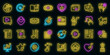 Playlist icons set. Outline set of playlist vector icons neon color on black