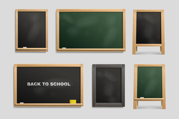 Green and black school chalk board with Back to School inscription isolated vector. Mock-Up set Blackboard vector template. All elements in group and separate layers for easy to edit 