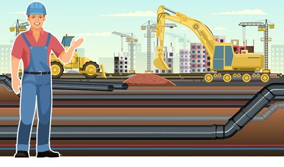 Wall Mural - Industrial pipeline laying. Builder in uniform and hard hat. Excavation and laying of underground pipes with water, gas or sewerage. Illustration vector