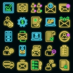 Sticker - Request icons set. Outline set of request vector icons neon color on black