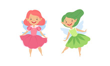 Cute Fairy Girls Set, Adorable Happy Winged Elves Flying Wearing Bright Costumes Cartoon Vector Illustration