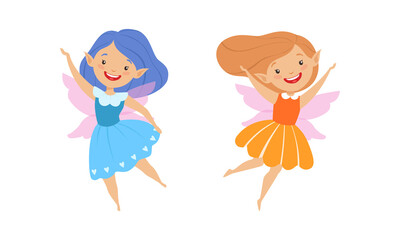 Sticker - Happy Lovely Fairy Girls Set, Adorable Elves Flying Wearing Bright Costumes Cartoon Vector Illustration